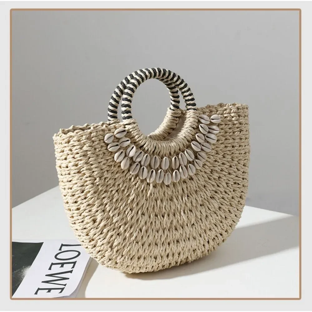 Straw Woven Tote – Cream, Shell Detail, Lined, Drawstring, Resort‎ Beach Bag NWT